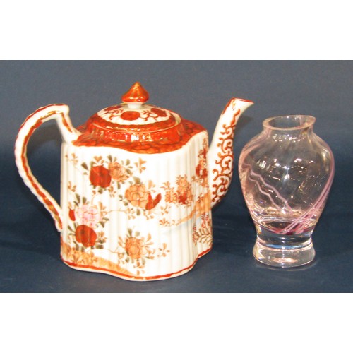 1055A - A Tuscan pink/green tea service for six, etched ruby glass vase, Japanese teapot, etc