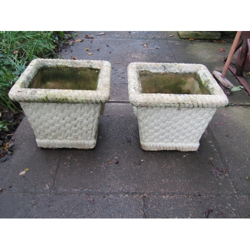 2018 - Two pairs of small weathered composition stone planters in the form of coopered half barrels, approx... 