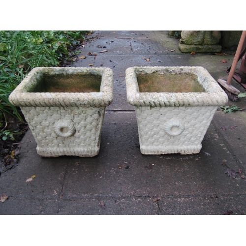 2018 - Two pairs of small weathered composition stone planters in the form of coopered half barrels, approx... 