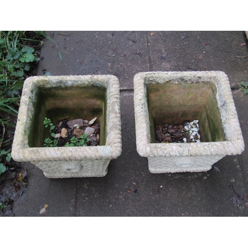 2018 - Two pairs of small weathered composition stone planters in the form of coopered half barrels, approx... 