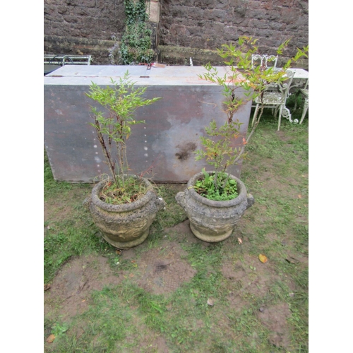 2068A - A pair of weathered cast composition stone circular garden planters in the form of Roman urns with r... 