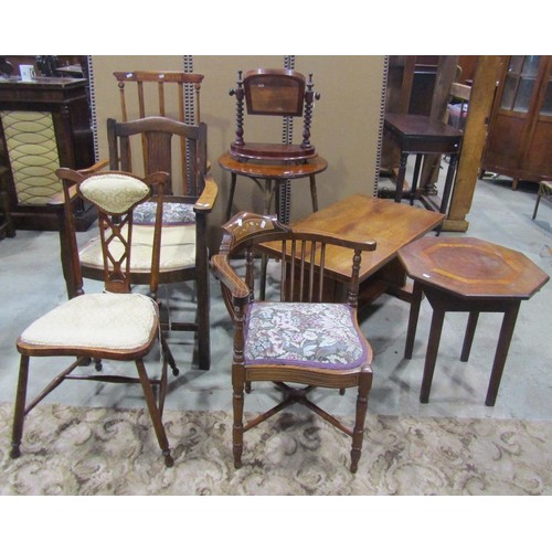 2197 - A mixed collection of furniture: a heavy oak occasional table, an oak elbow chair, an oval gilt mirr... 