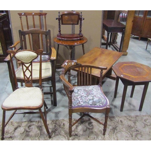 2197 - A mixed collection of furniture: a heavy oak occasional table, an oak elbow chair, an oval gilt mirr... 