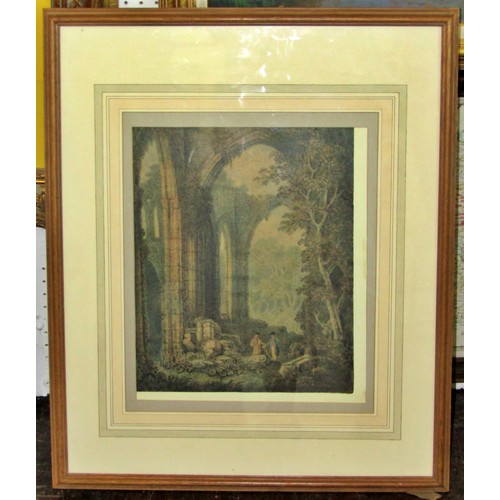 77 - Three 19th Century paintings and prints of ruins, to include: Study of two figures standing below th... 