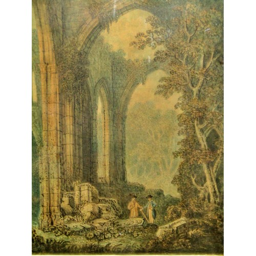 77 - Three 19th Century paintings and prints of ruins, to include: Study of two figures standing below th... 