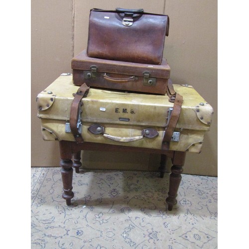 2194 - An Edwardian mahogany luggage stand together with a large stitched velum suitcase, a small Gladstone... 