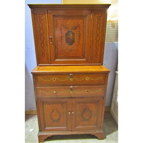 2749 - A small 19th century satinwood wood cabinet in the Sheraton revival style, enclosed by a pair of pan... 