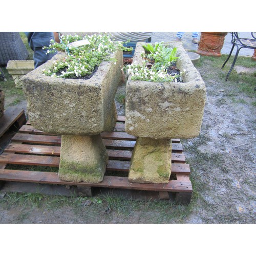 2072 - A large pair of weathered reconstituted limestone planters of rectangular form, 26cm high, 91 x 33cm... 