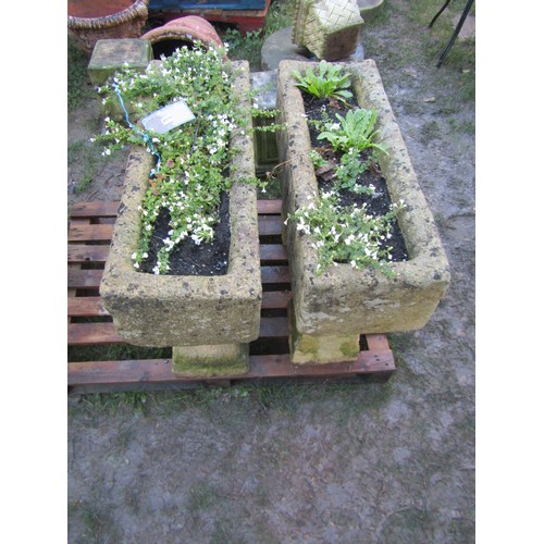 2072 - A large pair of weathered reconstituted limestone planters of rectangular form, 26cm high, 91 x 33cm... 