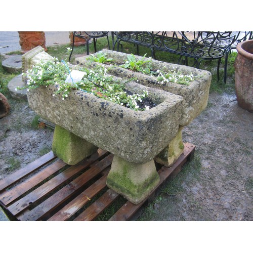 2072 - A large pair of weathered reconstituted limestone planters of rectangular form, 26cm high, 91 x 33cm... 