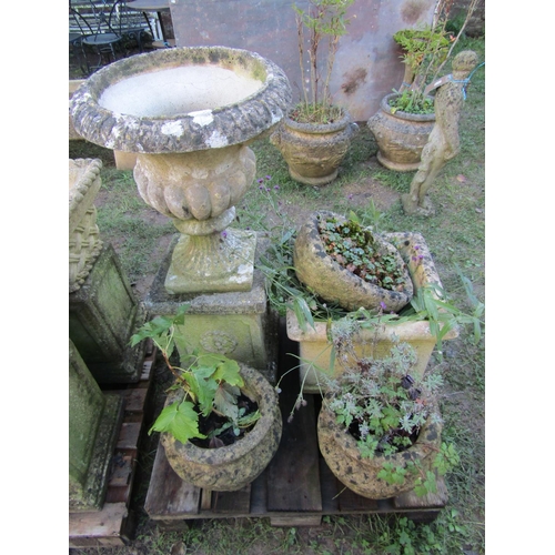 2074 - A weathered cast composition stone garden urn the circular lobed bowl with egg and dart flared rim r... 