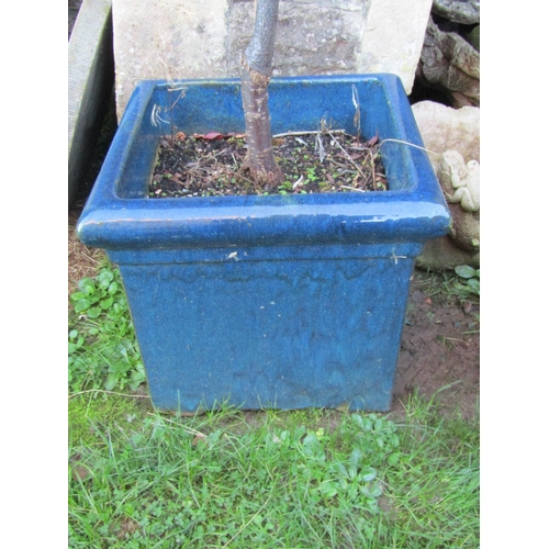 2088 - A contemporary blue glazed square tapered planter and moulded rim, 48 cm square x 42 cm high