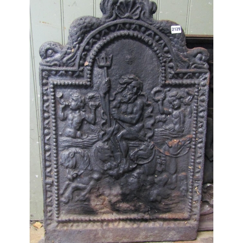 2129 - A heavy cast iron fire back of stepped rectangular and arched form with raised relief detail of Nept... 