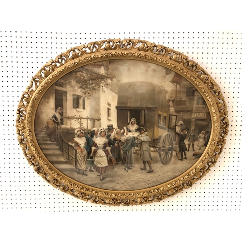 2759 - Two framed prints, to include: French 19th century scene of ladies and gentlemen exiting a carriage ... 