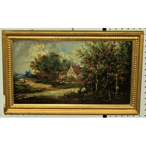 110 - After John Constable (1776-1837) lakeside cottage scene with woodland and distant figure, oil on pan... 