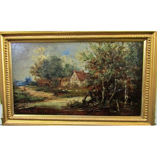 110 - After John Constable (1776-1837) lakeside cottage scene with woodland and distant figure, oil on pan... 