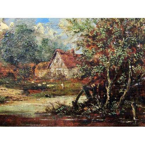 110 - After John Constable (1776-1837) lakeside cottage scene with woodland and distant figure, oil on pan... 