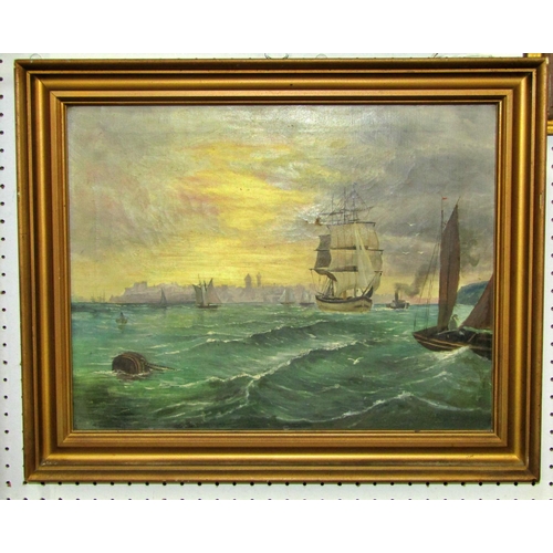 109 - Late 19th/early 20th century English school, marine scene with shipping before a distant harbour at ... 