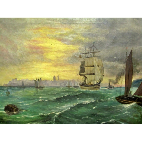 109 - Late 19th/early 20th century English school, marine scene with shipping before a distant harbour at ... 