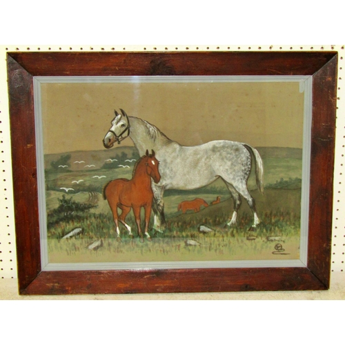 112 - Attributed to Arthur Ernest Vokes (1874-1964) horse and foal within a hilly pasture, watercolour, ch... 