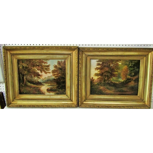 67 - W.B. Dunford, 19th century, an associated pair of woodland and lakeside views, oils on board, each m... 