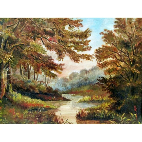 67 - W.B. Dunford, 19th century, an associated pair of woodland and lakeside views, oils on board, each m... 