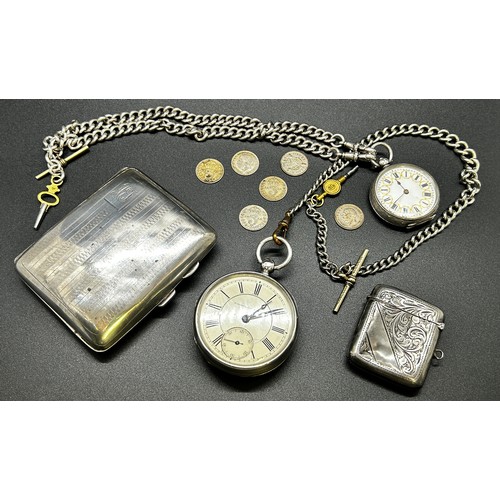 1239 - A mixed selection of silver, including a cigarette case, two pocket watches on chains, a single fob ... 