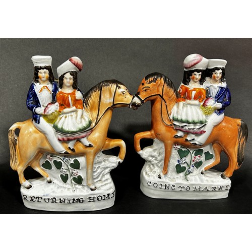 1057 - Pair of Staffordshire figures - going to and returning from market, pair of 19th century continental... 