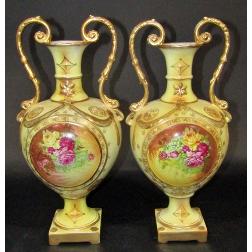 1063 - A pair of double handled vases with floral panels, a pair of tall narrow double handled vases, a por... 