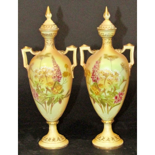 1063 - A pair of double handled vases with floral panels, a pair of tall narrow double handled vases, a por... 