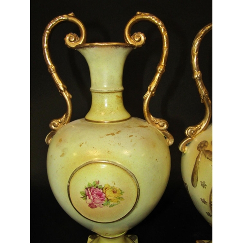 1063 - A pair of double handled vases with floral panels, a pair of tall narrow double handled vases, a por... 