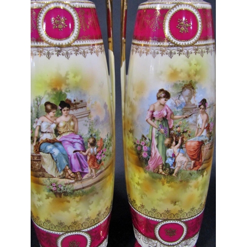 1063 - A pair of double handled vases with floral panels, a pair of tall narrow double handled vases, a por... 