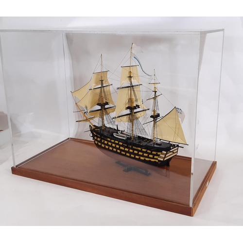 356 - Hand built model of HMS Victory 1765, finely detailed in heavy timber and perspex display case, toge... 