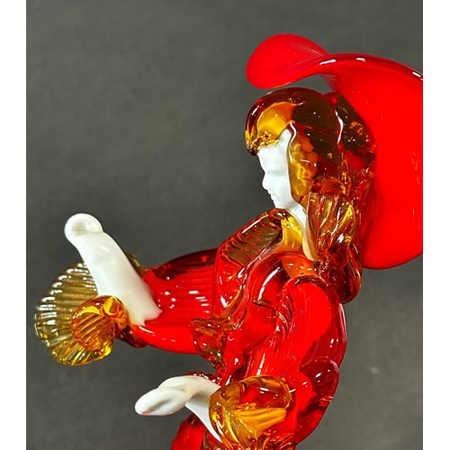 1108 - A Murano glass lady wearing a flared red A line dress with gold ruffled sleeves and flamboyant match... 