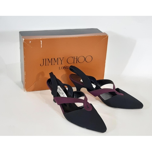 421 - A pair of Jimmy Choo ladies shoes size 6.5 with black textile upper, purple detailing, sling back an... 