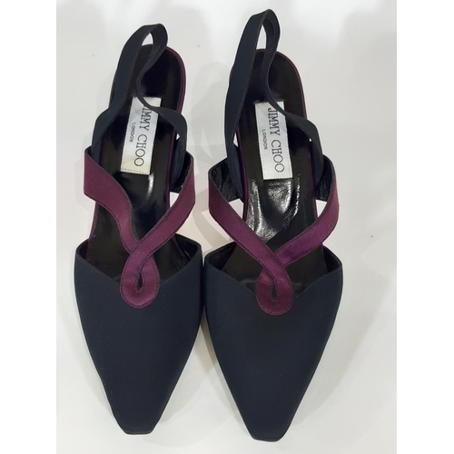 421 - A pair of Jimmy Choo ladies shoes size 6.5 with black textile upper, purple detailing, sling back an... 