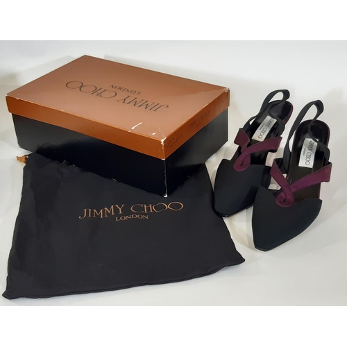 421 - A pair of Jimmy Choo ladies shoes size 6.5 with black textile upper, purple detailing, sling back an... 