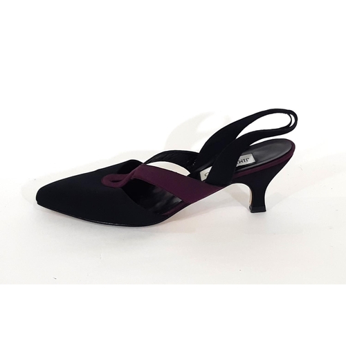 421 - A pair of Jimmy Choo ladies shoes size 6.5 with black textile upper, purple detailing, sling back an... 