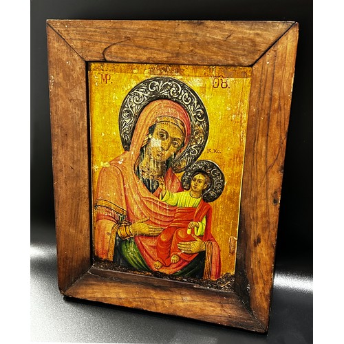 75 - 19th Century Russian icon of Madonna and Child, tempera and gilding on panel with white metal repous... 