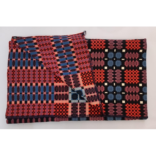 410 - Traditional woollen welsh blanket in reversible double weave, in red, blue, black and white colours,... 