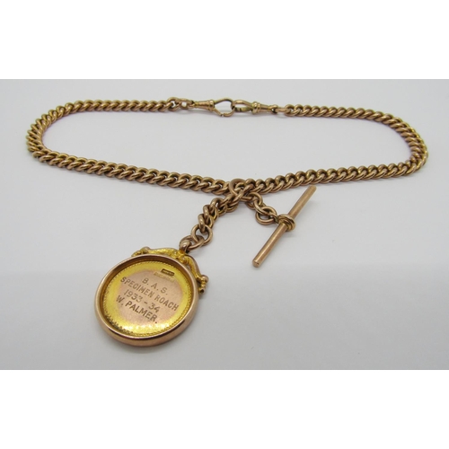 1241 - 9ct Albert chain with T-bar and attached 1920s 9ct medal fob inscribed 'B.A.S. Specimen Roach 1933 -... 