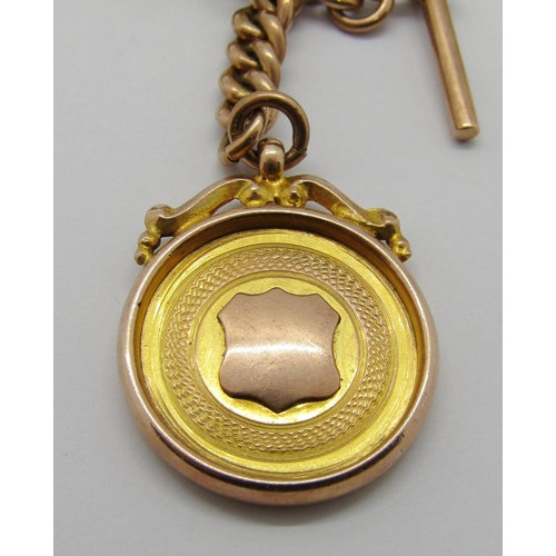 1241 - 9ct Albert chain with T-bar and attached 1920s 9ct medal fob inscribed 'B.A.S. Specimen Roach 1933 -... 