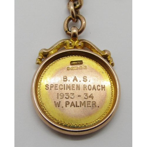 1241 - 9ct Albert chain with T-bar and attached 1920s 9ct medal fob inscribed 'B.A.S. Specimen Roach 1933 -... 