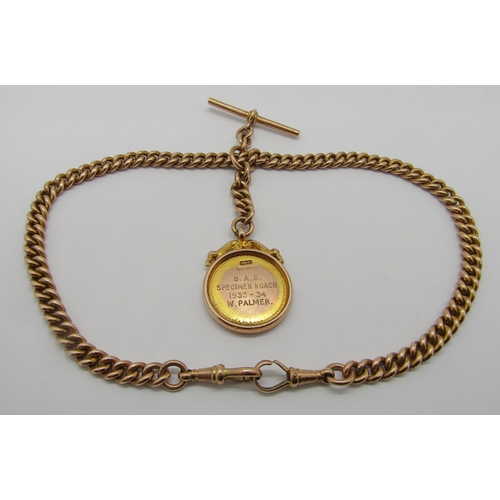 1241 - 9ct Albert chain with T-bar and attached 1920s 9ct medal fob inscribed 'B.A.S. Specimen Roach 1933 -... 