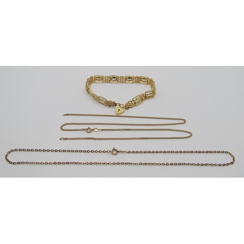 1243 - Group of modern 9ct jewellery; a fancy gate link bracelet and two chain necklaces, 12.2g total (one ... 