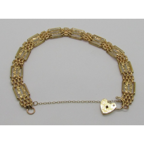 1243 - Group of modern 9ct jewellery; a fancy gate link bracelet and two chain necklaces, 12.2g total (one ... 