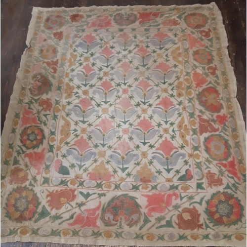 418 - 2 crewel work textile panels both with repeating floral motifs worked in chain stitch on cotton grou... 