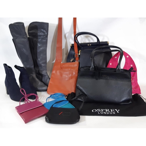 420 - Mixed collection including an Osprey  top handle leather handbag in black with cloth bag, Radley han... 