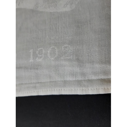 426 - Edward VII Coronation table cloth dated 1902 in white damask 270x225cm

PO Number: 5154035