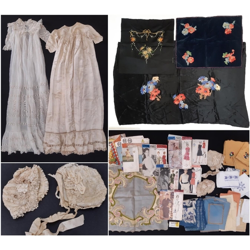 437 - A collection of early to mid 20th century textiles including 2 baby gowns both with lace inserts and... 